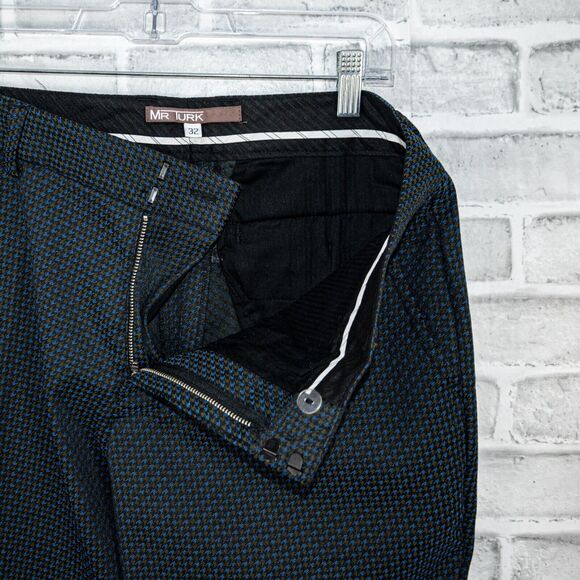 MR TURK Men's Blue Houndstooth Trouser Dress Pants flat front Size 32 - Picture 2 of 10